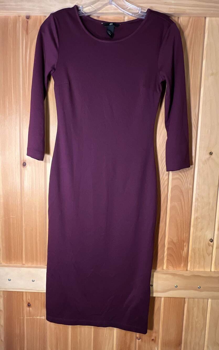 H&M Purple Bodycon Midi Dress with 3/4 Sleeves Size XS
